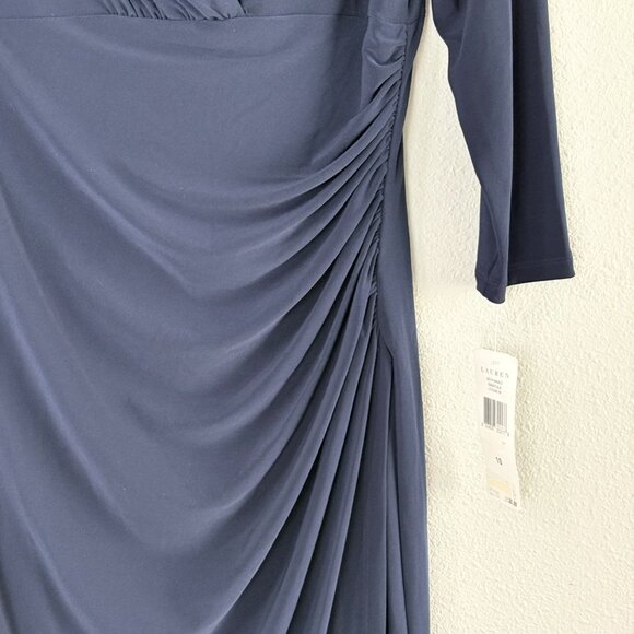 Lauren Ralph Lauren Faux Wrap Ruched Dress Size 10 Navy 3/4 Sleeve Bodycon NWT - Picture 3 of 12